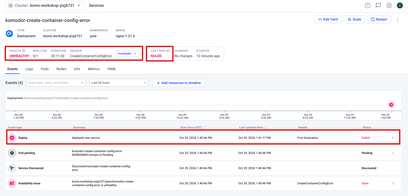 A screenshot showing failed deployment status on the left side of the screen, and at the top of the screen
