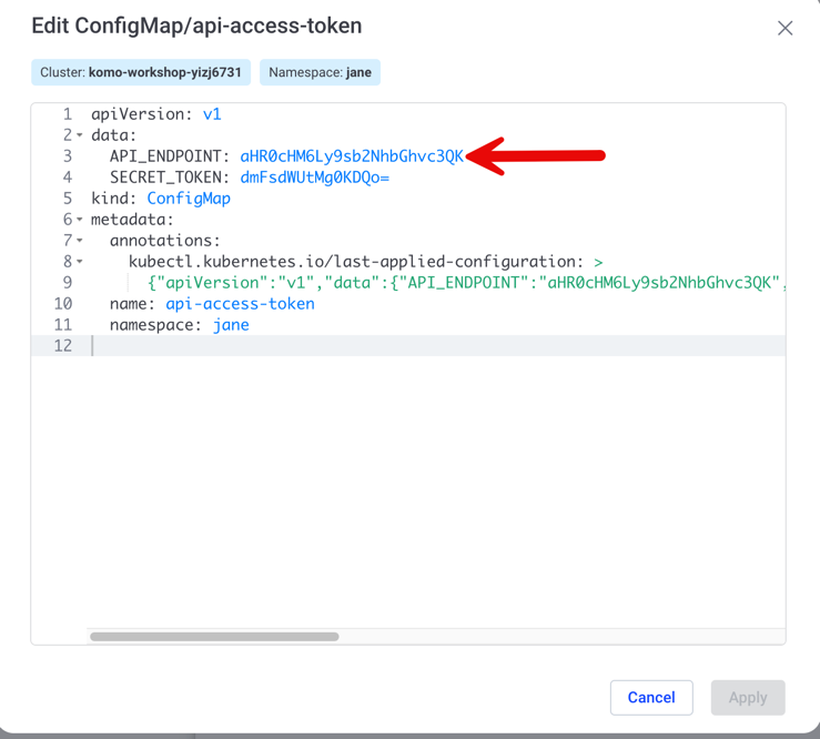 A screenshot showing the ConfigMap with the added API_ENDPOINT key