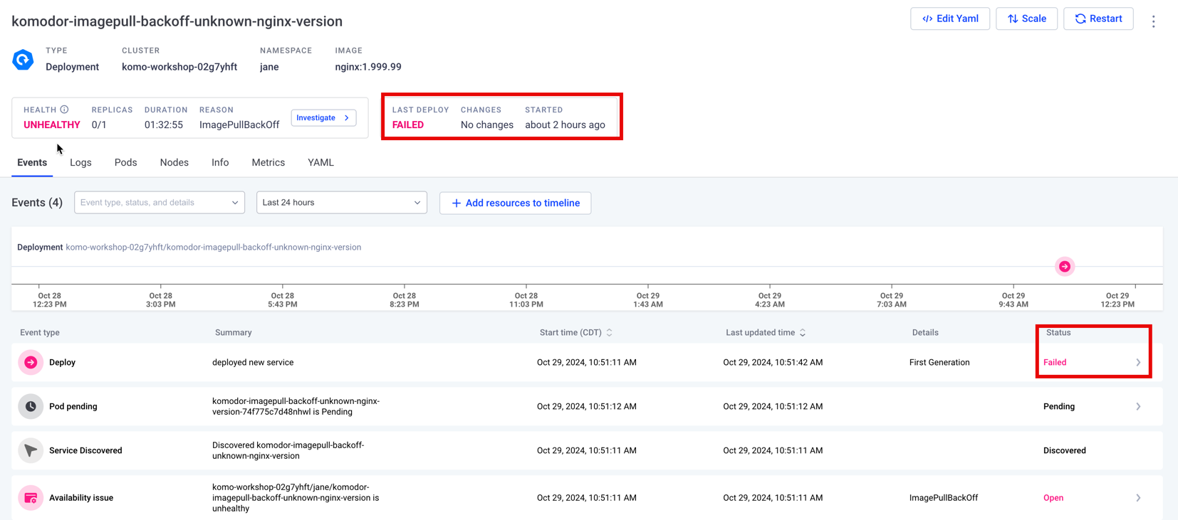 A screenshot showing failed deployment status on the left side of the screen, and at the top of the screen