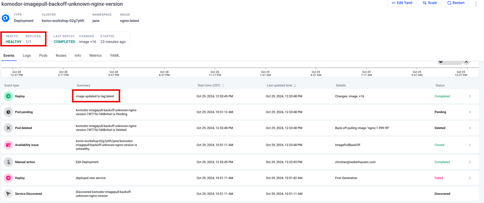 A screenshot showing failed deployment status on the left side of the screen, and at the top of the screen