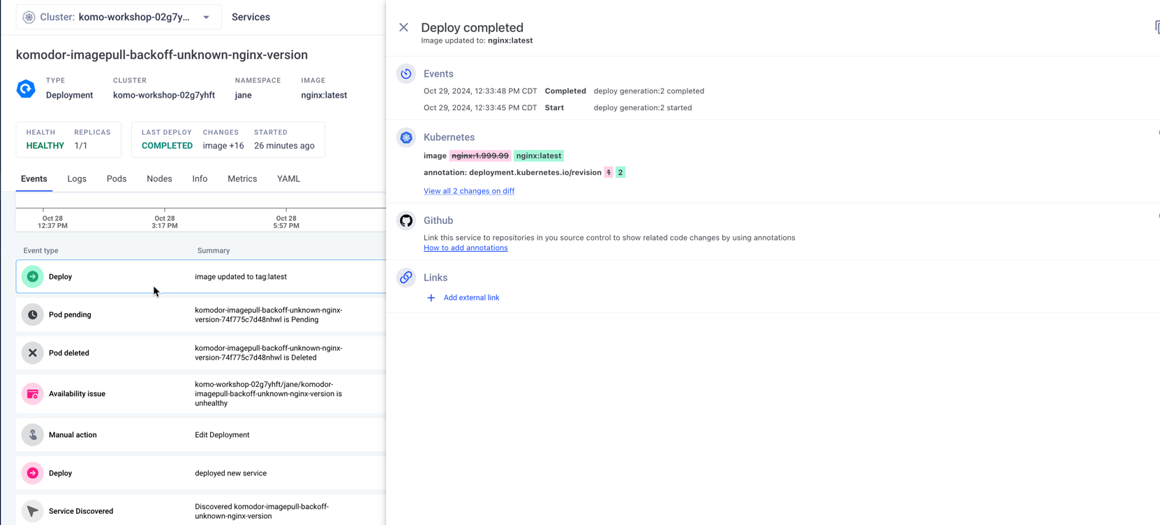A screenshot showing failed deployment status on the left side of the screen, and at the top of the screen